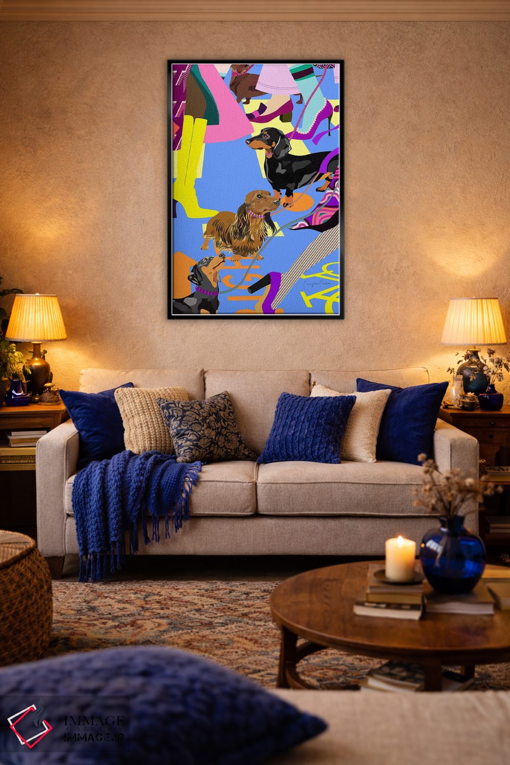 تابلو دکوراتیو دختران مد و سگ های داشهوندشان در عبور خیابان اثر مریلین مدو - D5B