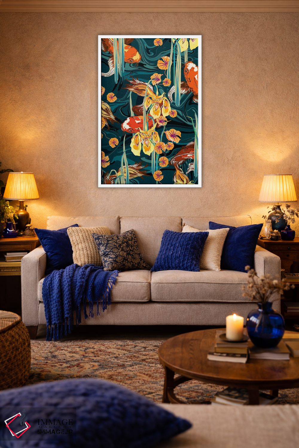 تابلو دکوراتیو حوض ماهی کوی آبی-پترولی اثر مریلین مدو - D3W