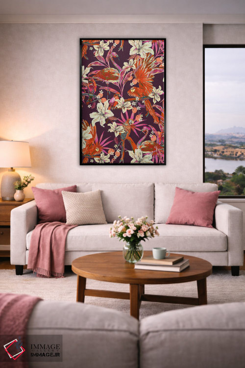 تابلو دکوراتیو پرندگان جنگل: فلامینگو و طوطی اثر مریلین مدو - D4B