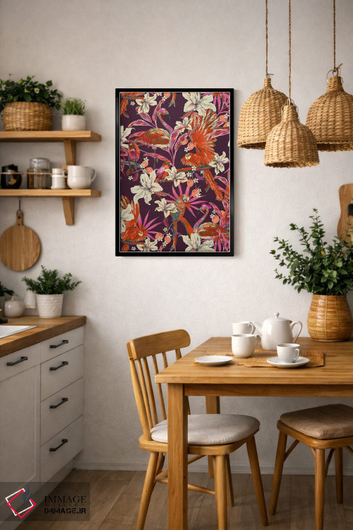 تابلو دکوراتیو پرندگان جنگل: فلامینگو و طوطی اثر مریلین مدو - D6B