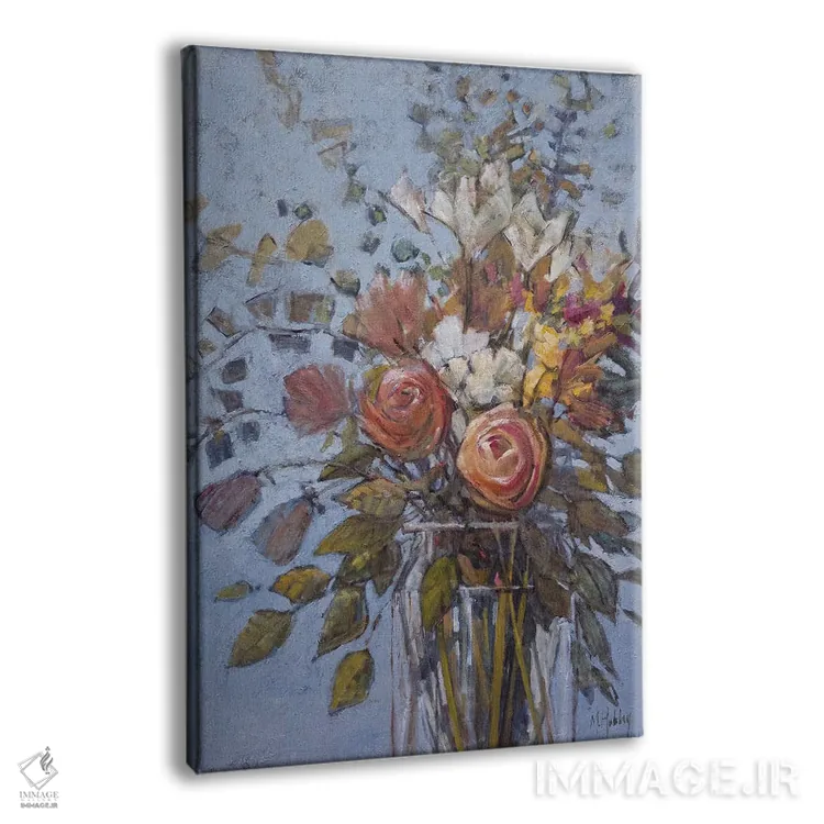تابلو دکوراتیو گل ها روی زمینه آبی اثر مری هابلی - نمای پرسپکتیو محصول