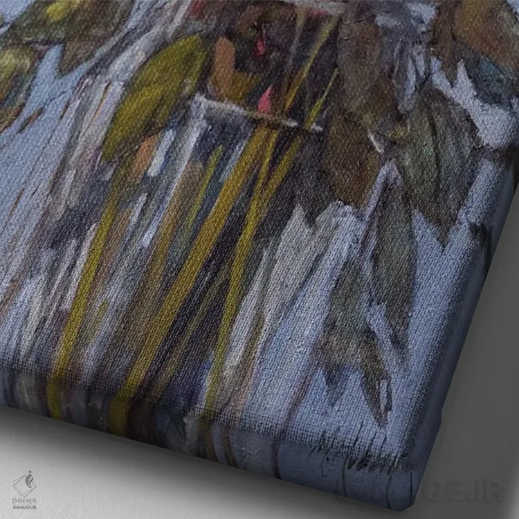 تابلو دکوراتیو گل ها روی زمینه آبی اثر مری هابلی - نمای نزدیک بافت بوم