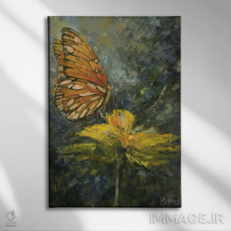 تابلو مدرن پروانه نارنگی اثر مری هابلی - نمای روبهرو روی دیوار