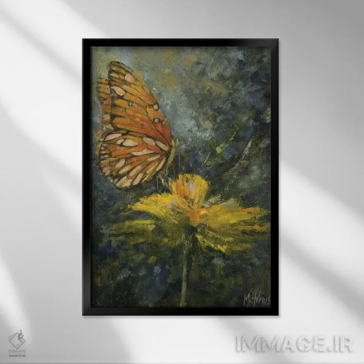تابلو مدرن پروانه نارنگی اثر مری هابلی - نمای قابدار مشکی