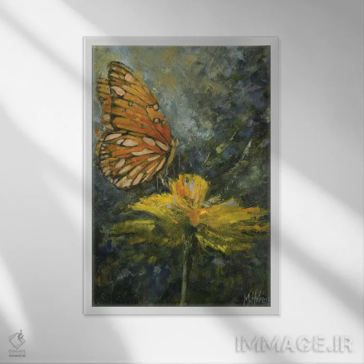تابلو مدرن پروانه نارنگی اثر مری هابلی - نمای قابدار سفید