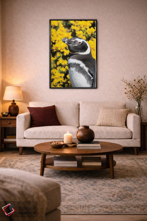 تابلو دکوراتیو Falkland Islands,پنگوئن ماژلانیک در کنار لانه و مقابل گیاه… اثر مارتین زویک - D3B