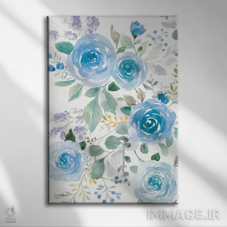 تابلو انتزاعی رزهای آبی پرپشت دو اثر دان هوی نای - نمای روبهرو روی دیوار