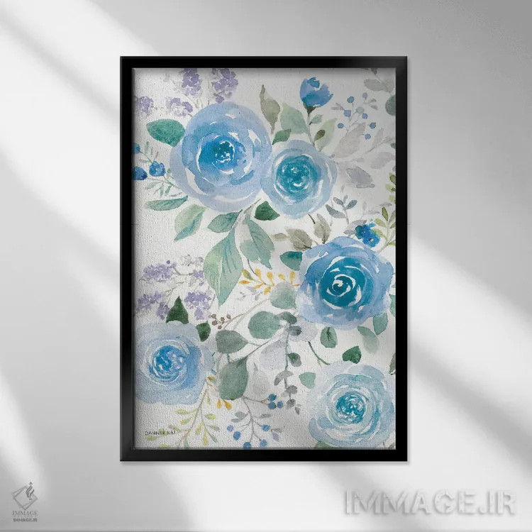 تابلو انتزاعی رزهای آبی پرپشت دو اثر دان هوی نای - نمای قابدار مشکی