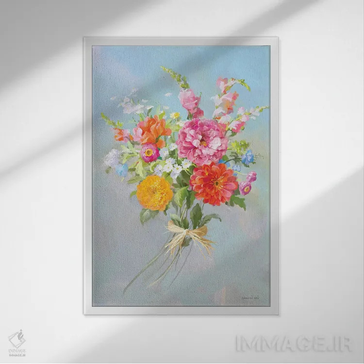 تابلو دکوراتیو دسته گل روستایی ۲ اثر دان هوی نای - نمای قابدار سفید