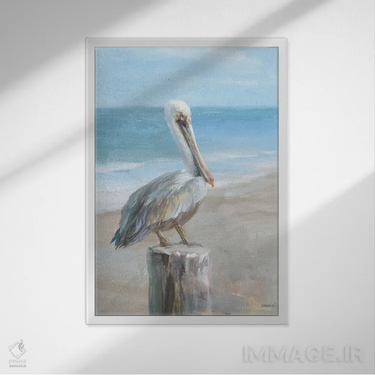 تابلو دکوراتیو پلیکان کنار دریا اثر دان هوی نای - نمای قابدار سفید