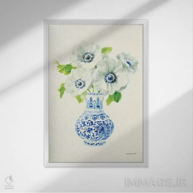 تابلو دکوراتیو نقش نگار چینی گلدار ۱ اثر دان هوی نای - نمای قابدار سفید