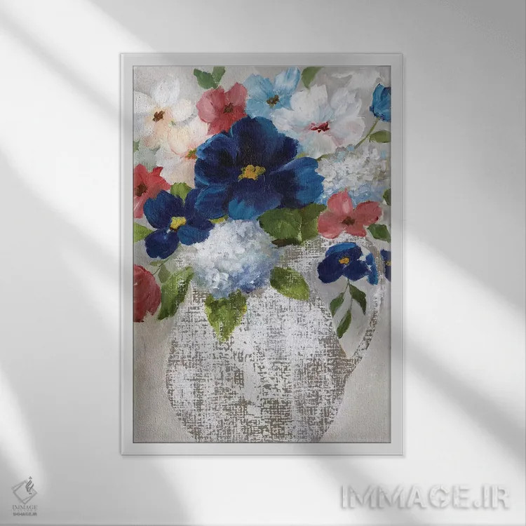 تابلو دکوراتیو دسته گل کتان دو اثر نان - نمای قابدار سفید