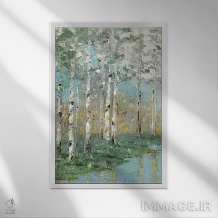 تابلو انتزاعی انعکاس درخت توس یک اثر سالی سواتلند - نمای قابدار سفید