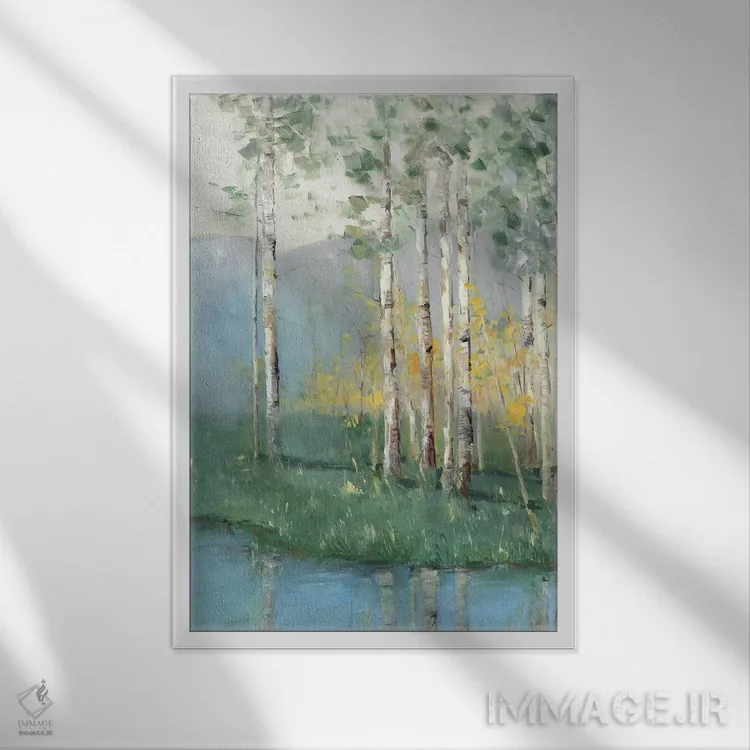 تابلو انتزاعی انعکاس درخت توس دو اثر سالی سواتلند - نمای قابدار سفید