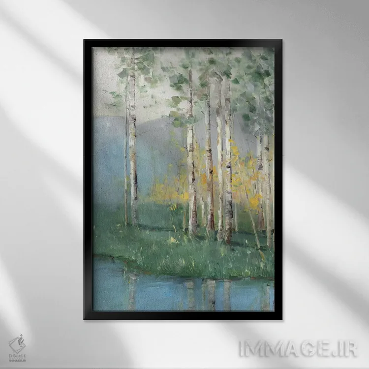 تابلو انتزاعی انعکاس درخت توس دو اثر سالی سواتلند - نمای قابدار مشکی