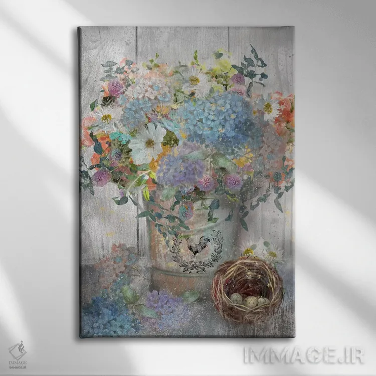 تابلو دکوراتیو سطل گل یک اثر نان - نمای روبهرو روی دیوار