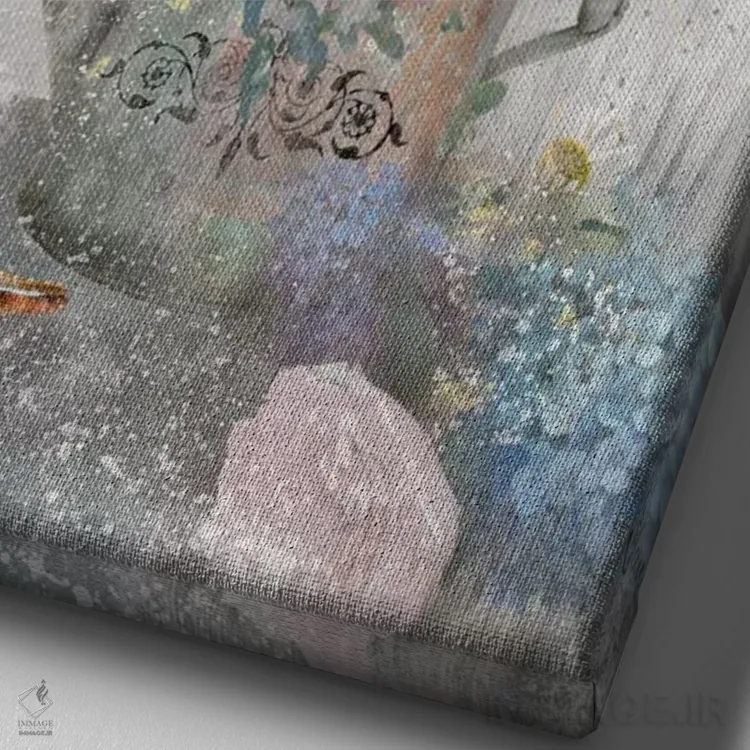 تابلو دکوراتیو سطل گل دو اثر نان - نمای نزدیک بافت بوم