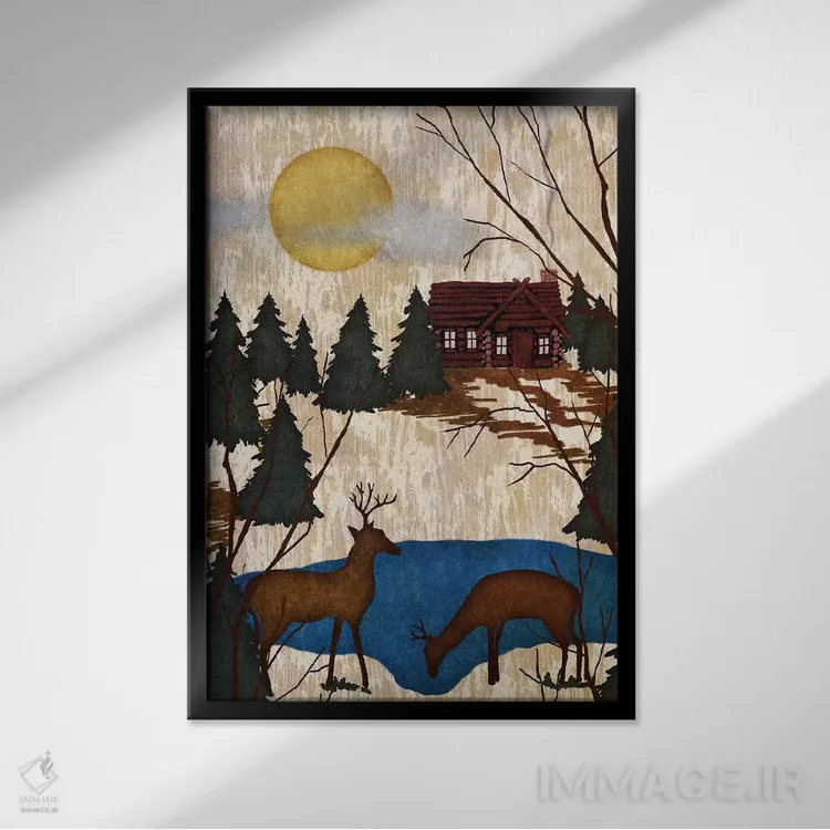 تابلو دکوراتیو کابین در جنگل یک اثر نیکلاس بیسکاردی - نمای قابدار مشکی