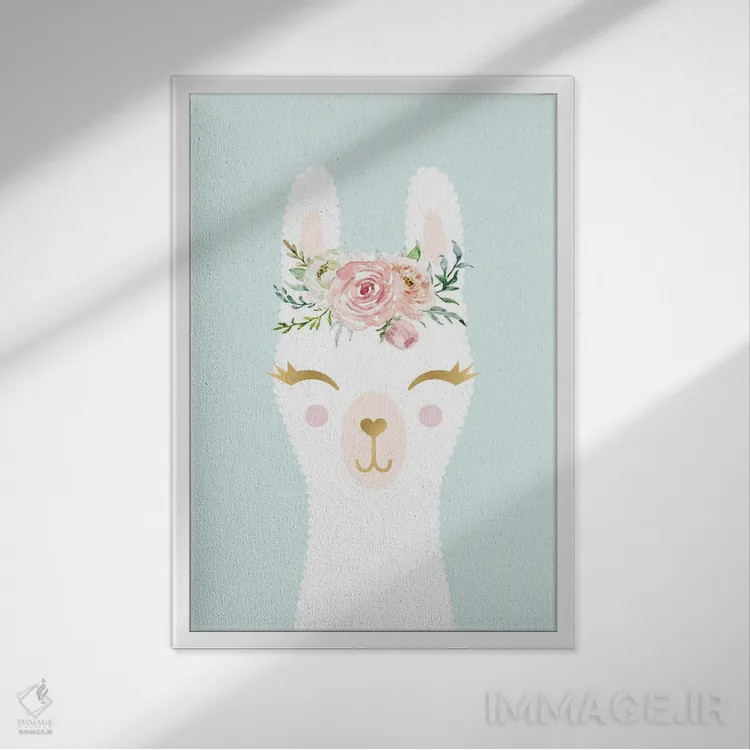 تابلو دکوراتیو لامای آبی اثر نیکول باسک - نمای قابدار سفید