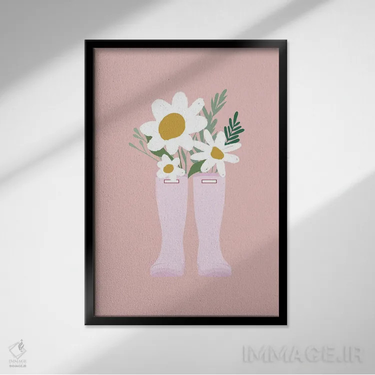 تابلو دکوراتیو گل داوودی ها در چکمه اثر نیکول باسک - نمای قابدار مشکی