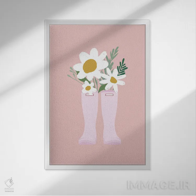 تابلو دکوراتیو گل داوودی ها در چکمه اثر نیکول باسک - نمای قابدار سفید