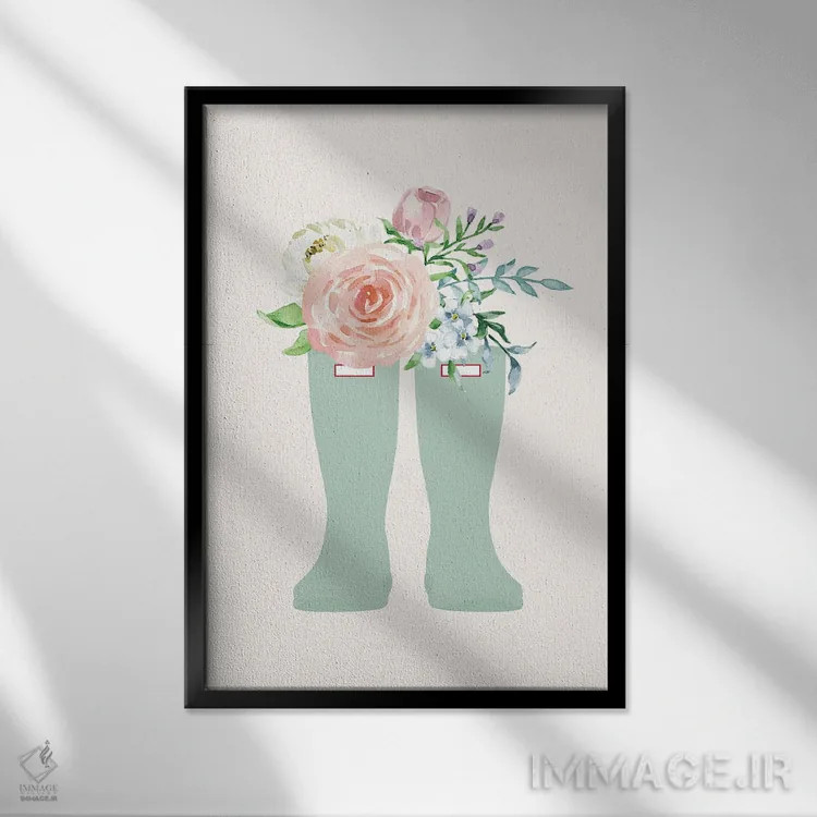 تابلو دکوراتیو چکمه گل دار اثر نیکول باسک - نمای قابدار مشکی