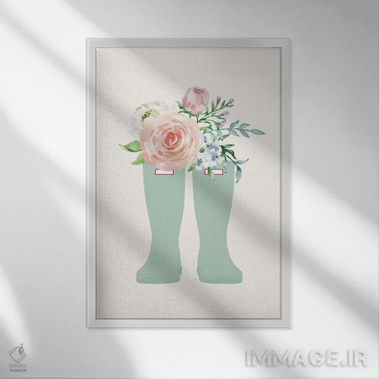 تابلو دکوراتیو چکمه گل دار اثر نیکول باسک - نمای قابدار سفید