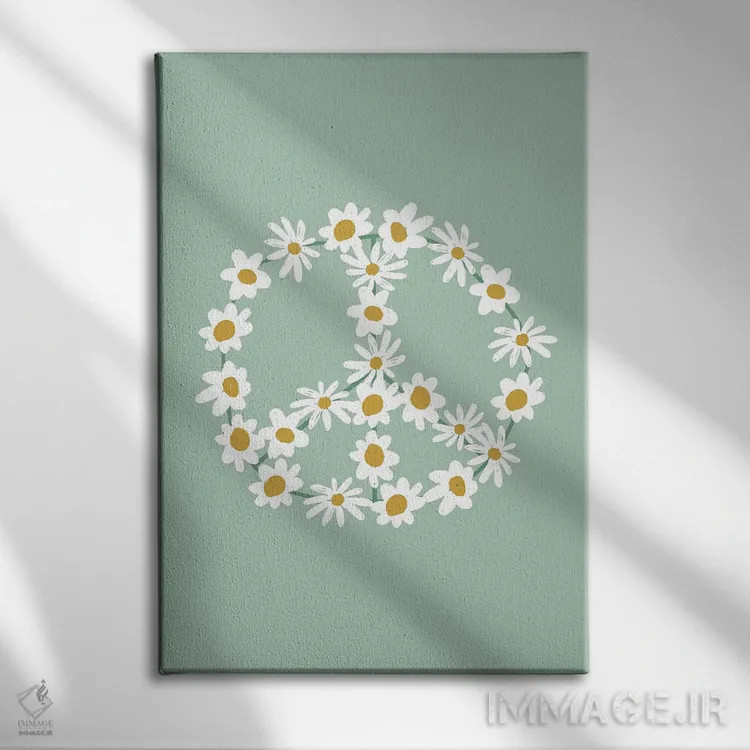 تابلو مینیمال علامت صلح گل داوودی سبز اثر نیکول باسک - نمای روبهرو روی دیوار