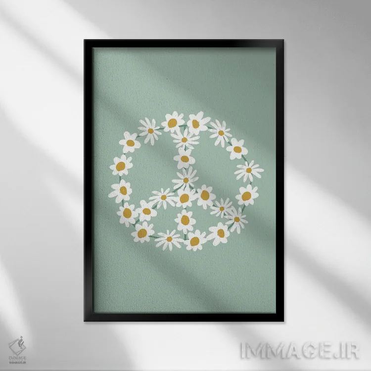 تابلو مینیمال علامت صلح گل داوودی سبز اثر نیکول باسک - نمای قابدار مشکی