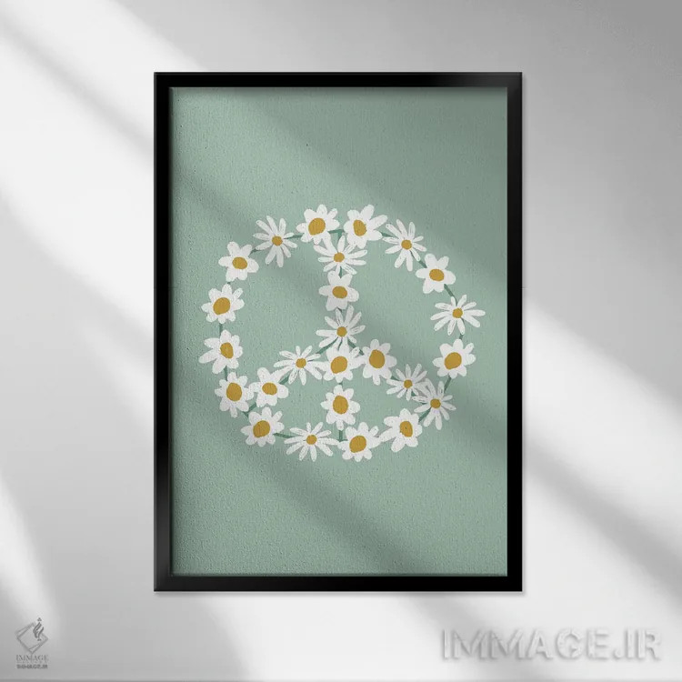 تابلو مینیمال علامت صلح گل داوودی سبز اثر نیکول باسک - نمای قابدار مشکی
