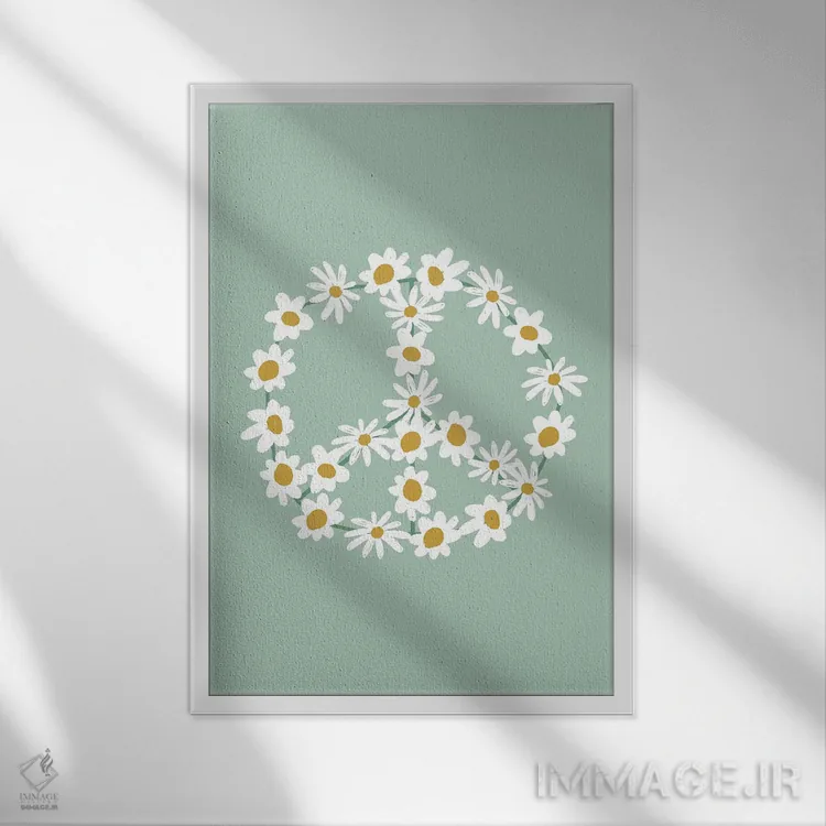 تابلو مینیمال علامت صلح گل داوودی سبز اثر نیکول باسک - نمای قابدار سفید