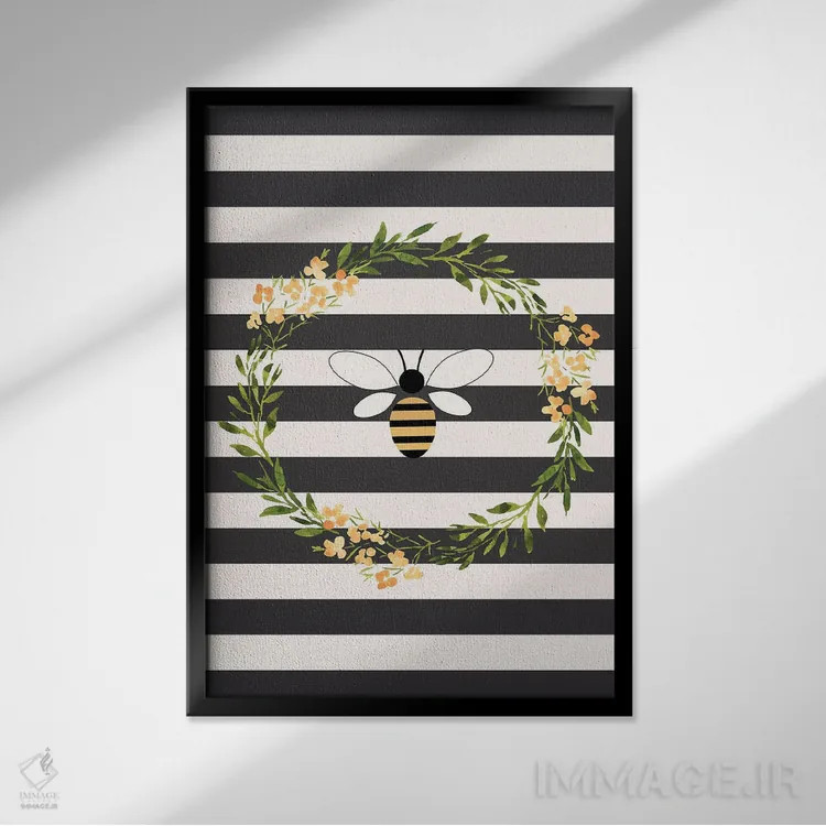 تابلو دکوراتیو زنبور عسل در تاج گل اثر نیکول باسک - نمای قابدار مشکی