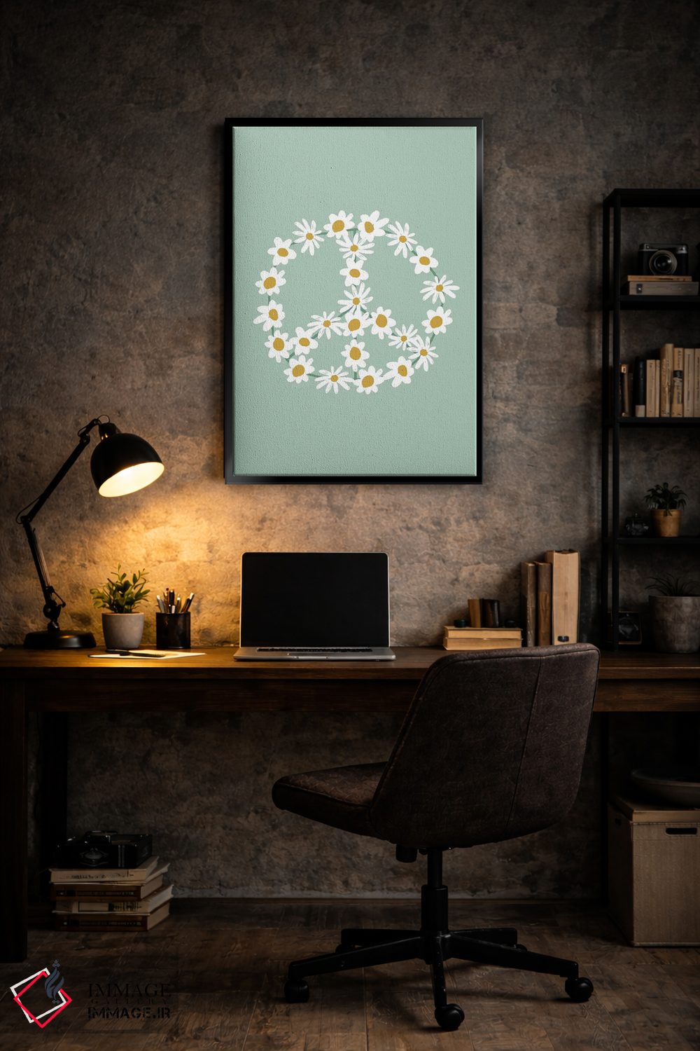 تابلو مینیمال علامت صلح گل داوودی سبز اثر نیکول باسک - D6B