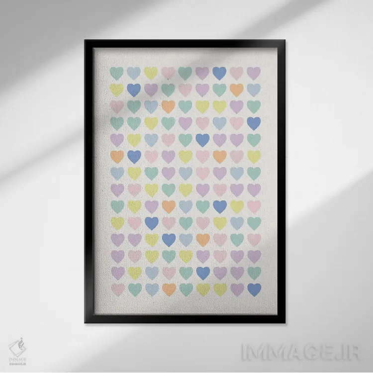 تابلو مینیمال قلب های پاستلی اثر نیکول باسک - نمای قابدار مشکی