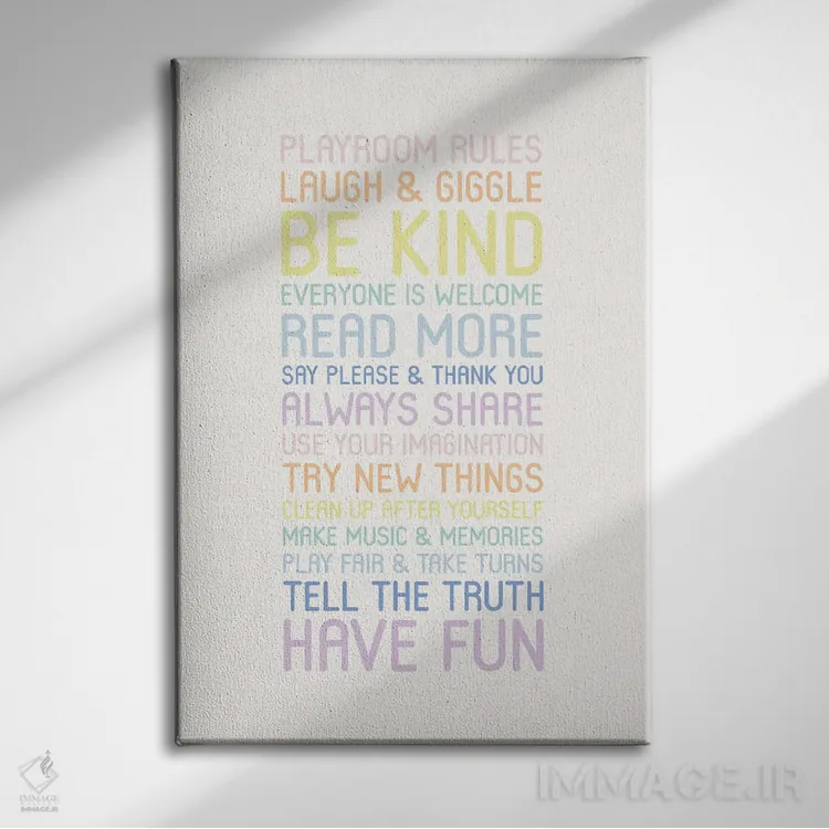 تابلو دکوراتیو قوانین اتاق بازی پاستلی اثر نیکول باسک - نمای روبهرو روی دیوار