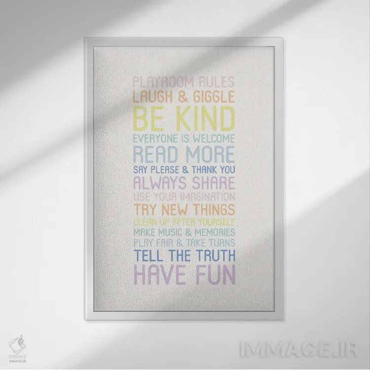 تابلو دکوراتیو قوانین اتاق بازی پاستلی اثر نیکول باسک - نمای قابدار سفید