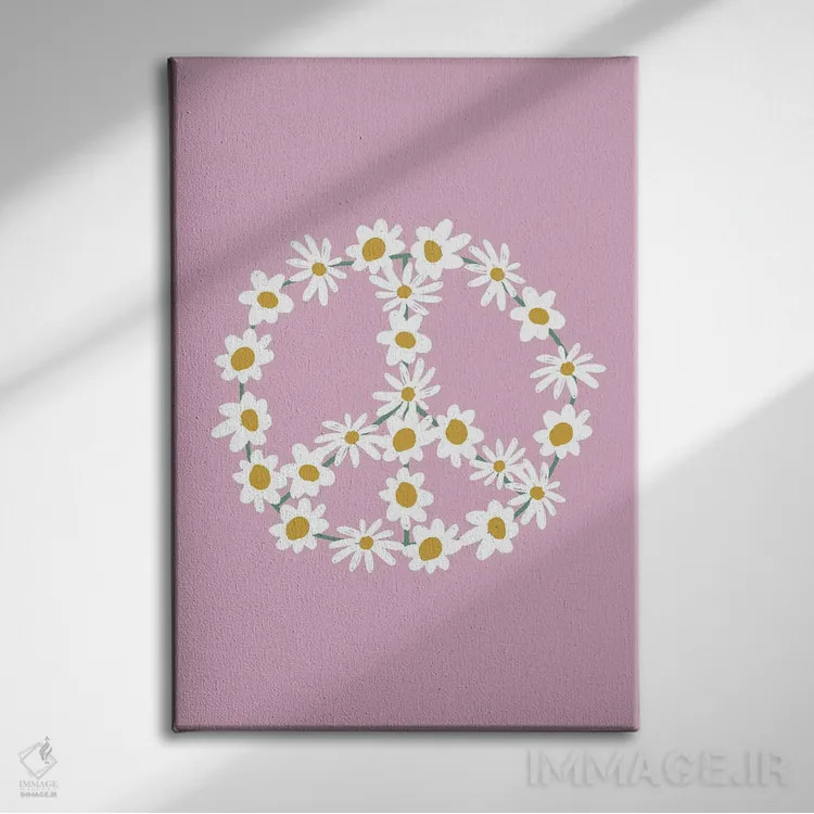 تابلو مینیمال علامت صلح گل داوودی بنفش اثر نیکول باسک - نمای روبهرو روی دیوار