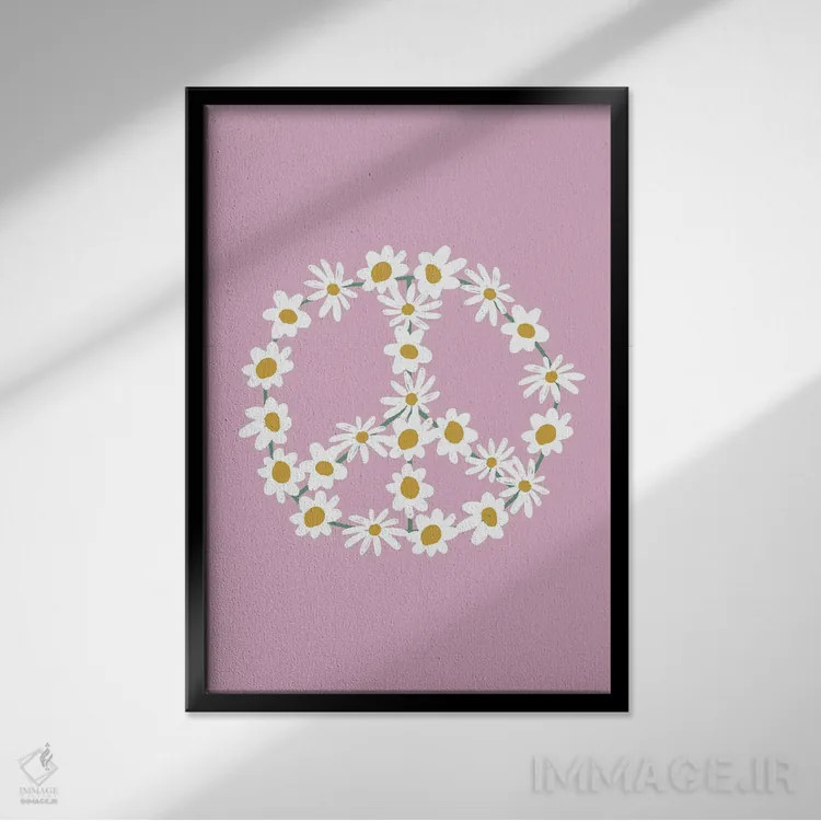 تابلو مینیمال علامت صلح گل داوودی بنفش اثر نیکول باسک - نمای قابدار مشکی