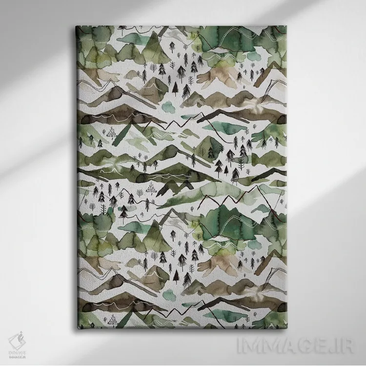 تابلو دکوراتیو کوه های آبرنگی طلایی و سبز اثر نینولا دیزاین - نمای روبهرو روی دیوار