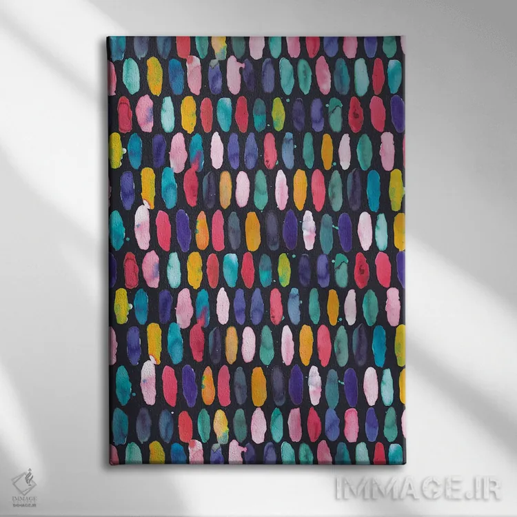 تابلو دکوراتیو قرص های دایره ای چندرنگ و سورمه ای اثر نینولا دیزاین - نمای روبهرو روی دیوار