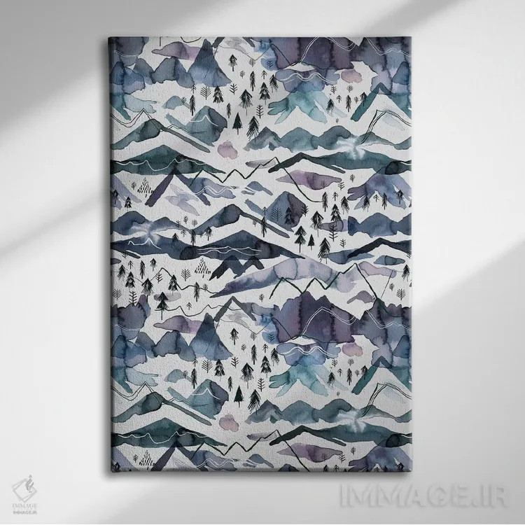 تابلو دکوراتیو کوه های آبرنگی آبی و ارغوانی اثر نینولا دیزاین - نمای روبهرو روی دیوار