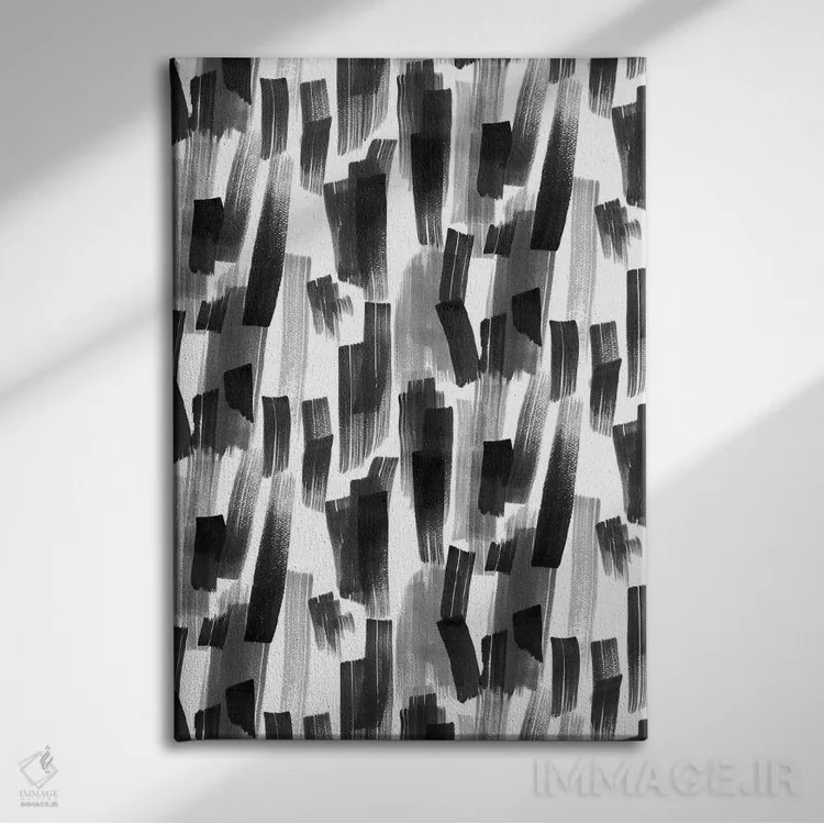 تابلو انتزاعی حرکات قلم موی بزرگ سیاه اثر نینولا دیزاین - نمای روبهرو روی دیوار