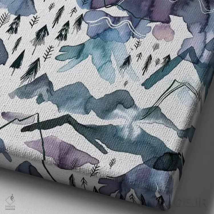 تابلو دکوراتیو کوه های آبرنگی آبی و ارغوانی اثر نینولا دیزاین - نمای نزدیک بافت بوم