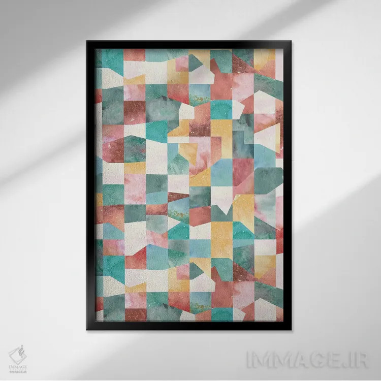 تابلو انتزاعی کولاژ بافت و اشکال سبز اثر نینولا دیزاین - نمای قابدار مشکی