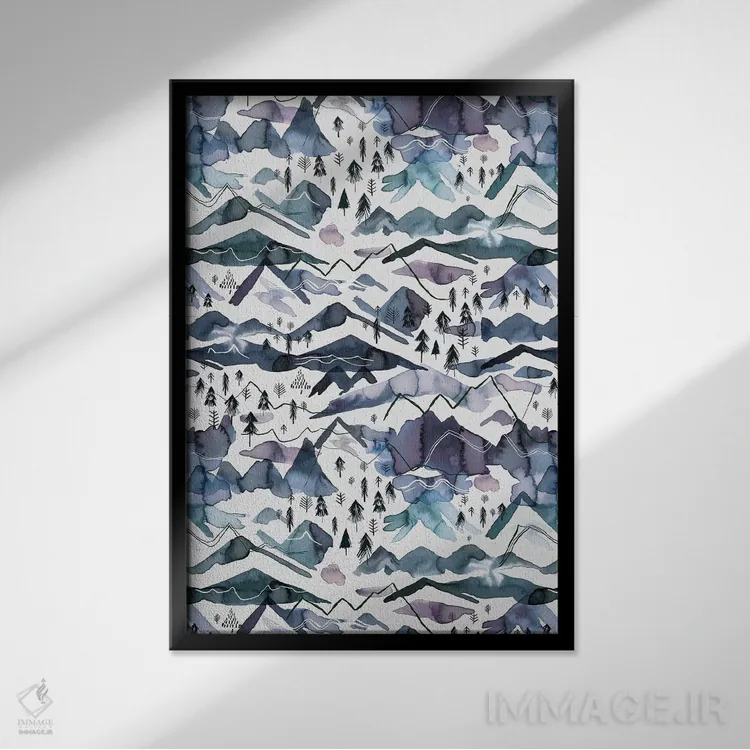 تابلو دکوراتیو کوه های آبرنگی آبی و ارغوانی اثر نینولا دیزاین - نمای قابدار مشکی