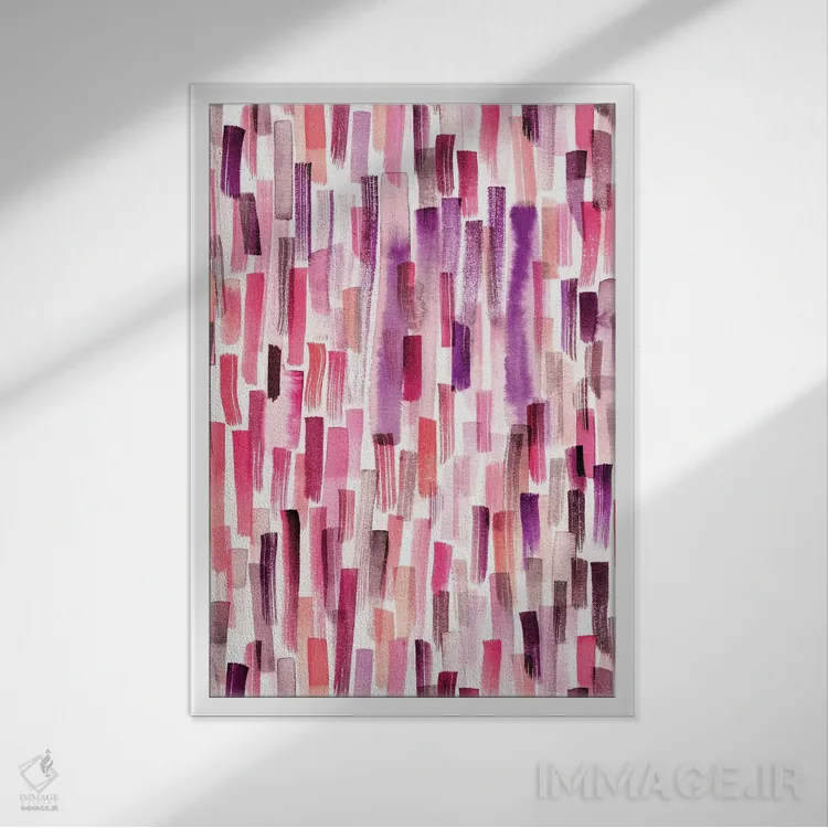 تابلو انتزاعی حرکت قلم آبرنگی مرجانی و بنفش اثر نینولا دیزاین - نمای قابدار سفید