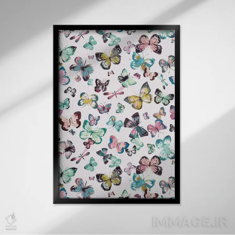 تابلو دکوراتیو پروانه های آبرنگی صورتی و سبز اثر نینولا دیزاین - نمای قابدار مشکی