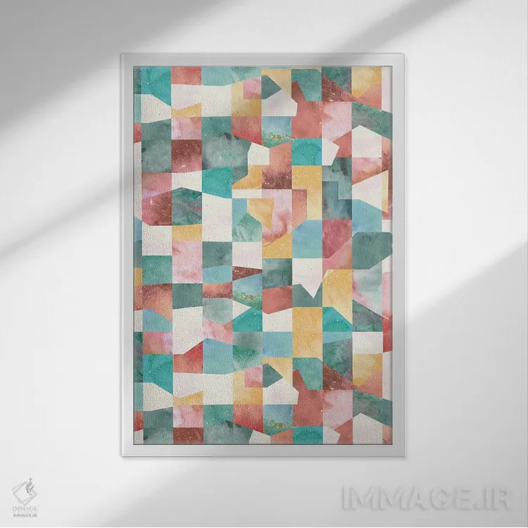 تابلو انتزاعی کولاژ بافت و اشکال سبز اثر نینولا دیزاین - نمای قابدار سفید