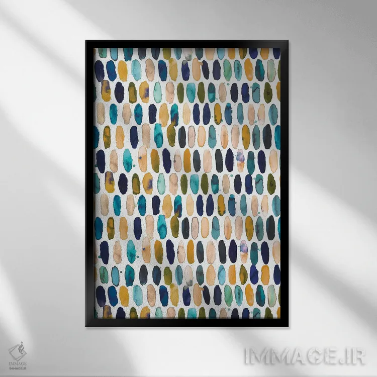 تابلو دکوراتیو قرص ها آبی و زرد اخرایی اثر نینولا دیزاین - نمای قابدار مشکی