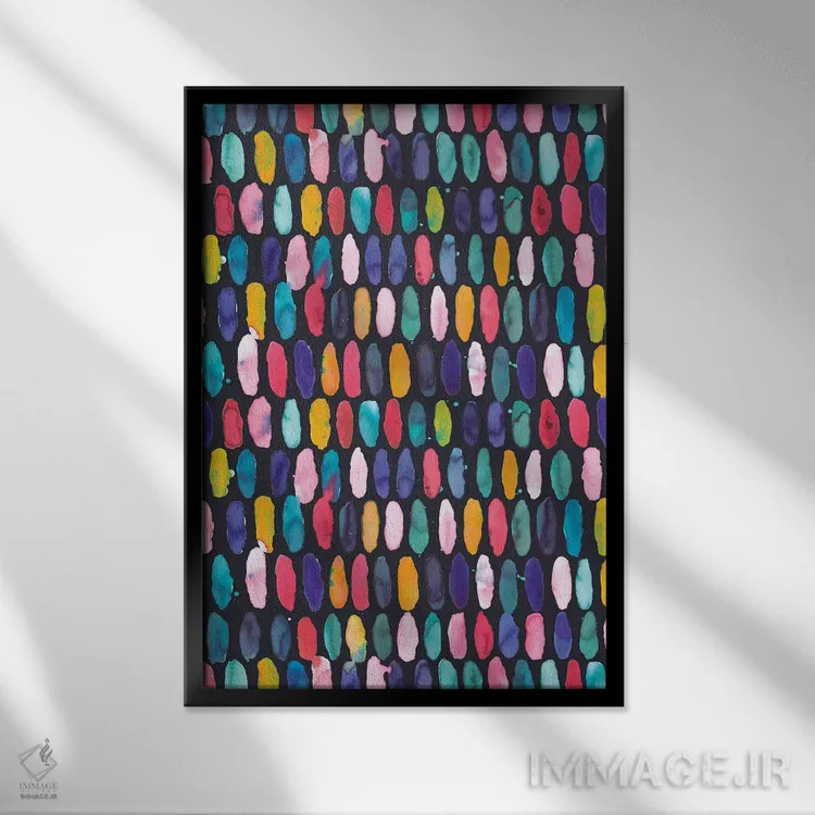 تابلو دکوراتیو قرص های دایره ای چندرنگ و سورمه ای اثر نینولا دیزاین - نمای قابدار مشکی